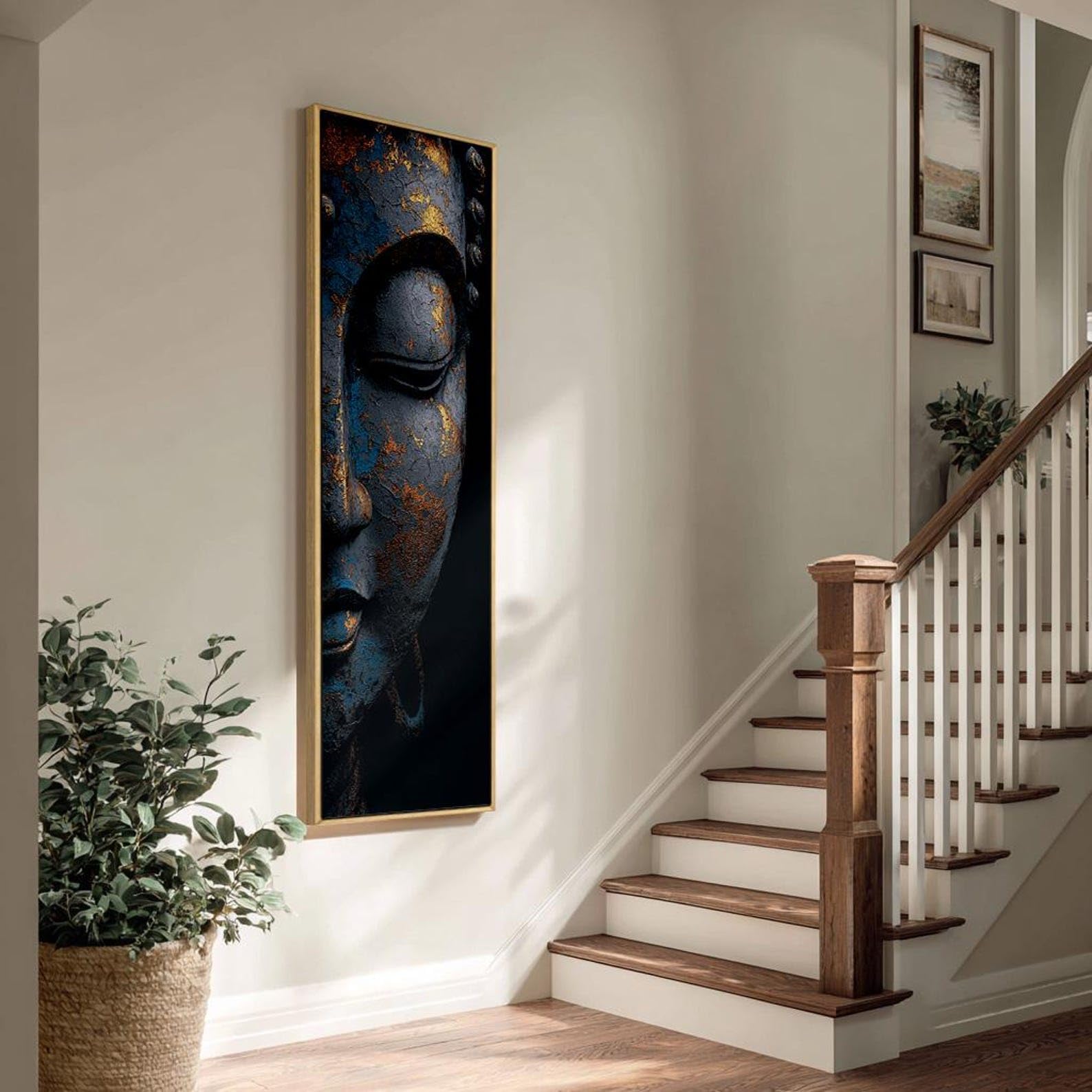 YUSUZHU Stampa verticale di Buddha per ufficio, quadro su tela alto, stretto e scuro con tema buddista per stanza, ufficio, opera d'arte di Buddha allungato (35x105 cm/senza cornice)