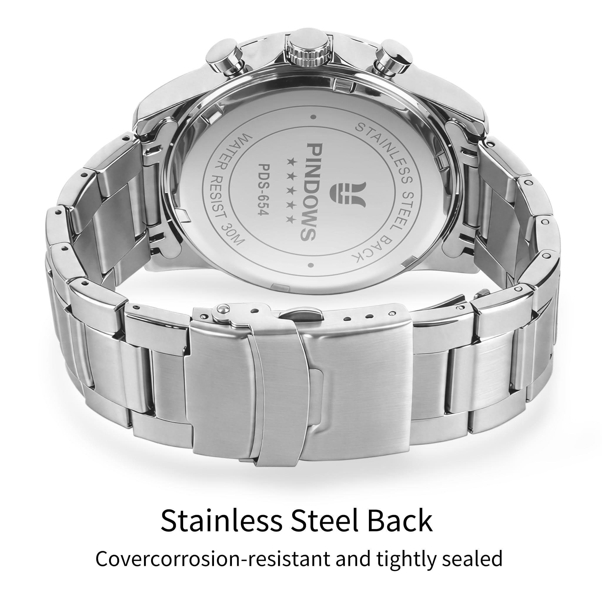 PINDOWS Orologi da uomo, moda, minimalista, business, robusto, acciaio inossidabile, impermeabile, cronografo, orologio al quarzo con datario automatico
