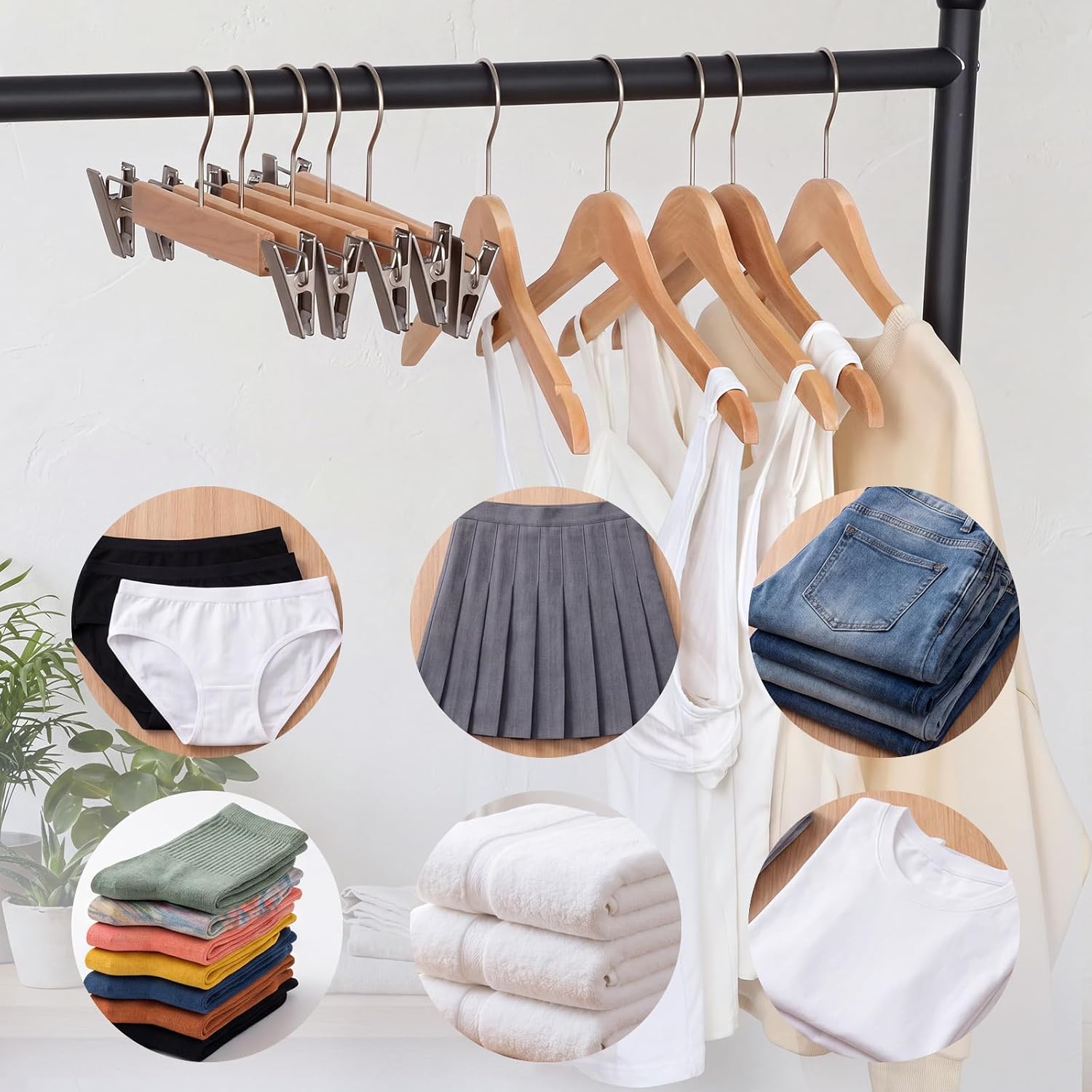 Leinuosen 80 Pack Wooden Hangers, 60 Pcs Heavy Duty Natural Wood Coat Hanger 20 Pcs Wooden Hanger with Clips, 360° Swivel Chrome Hook Non-Slip Clothes for Jacket, Shirt, Skirt, Trouser, Storage