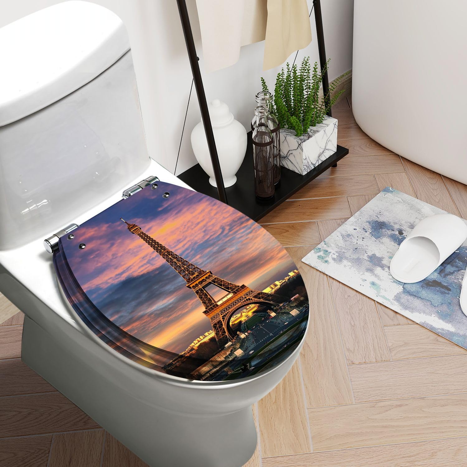 Round Toilet Seat Tower Sunset Resin Toilet Seat Slow Quiet Close Lid with Quick-Release Hinges Cover Bumpers Easy to Clean Install
