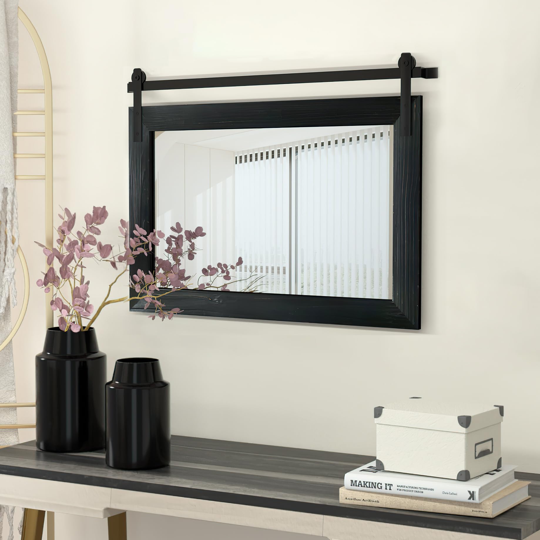 COGOOD Farmhouse Barn Door Mirror - 29" x 22" Rustic Wood Framed Wall Mirror for Bathroom, Living Room, Entryway Wall Decor (Black)