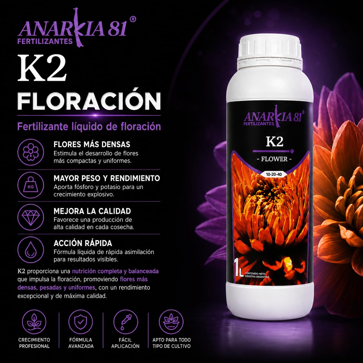 Kit Línea K 100L - Anarkia81 - Fertilizantes Crecimiento y Floración - K1, K2, Root K, X Treme, Kall Green, Enzymes y Colosal