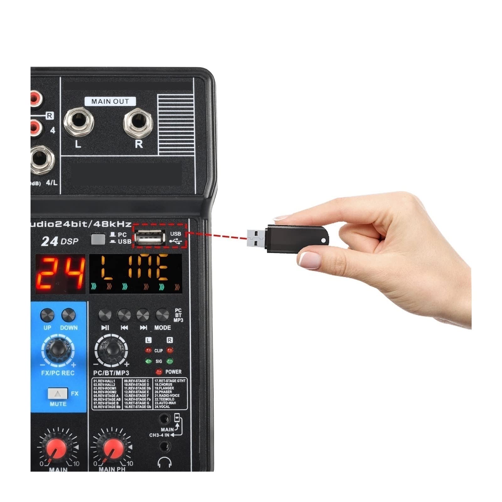 DJ-Audiomixer Professioneller tragbarer 4-Kanal-Tonmischer Konsole Computereingang 48 V Leistung Modellnummer-Zertifizierungsschnittstelle