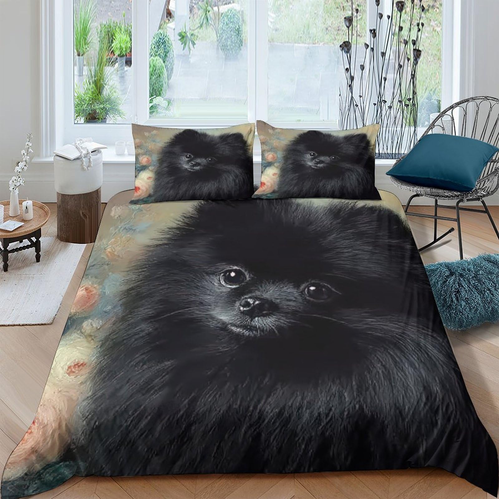 Ctjqhvkz Style-7 3D Printed Black Pomeranian Dog Fitted Sheet Microfiber Soft Bed Cover For Bedroom Guest Room Mattress Protection Single（135X200cm）