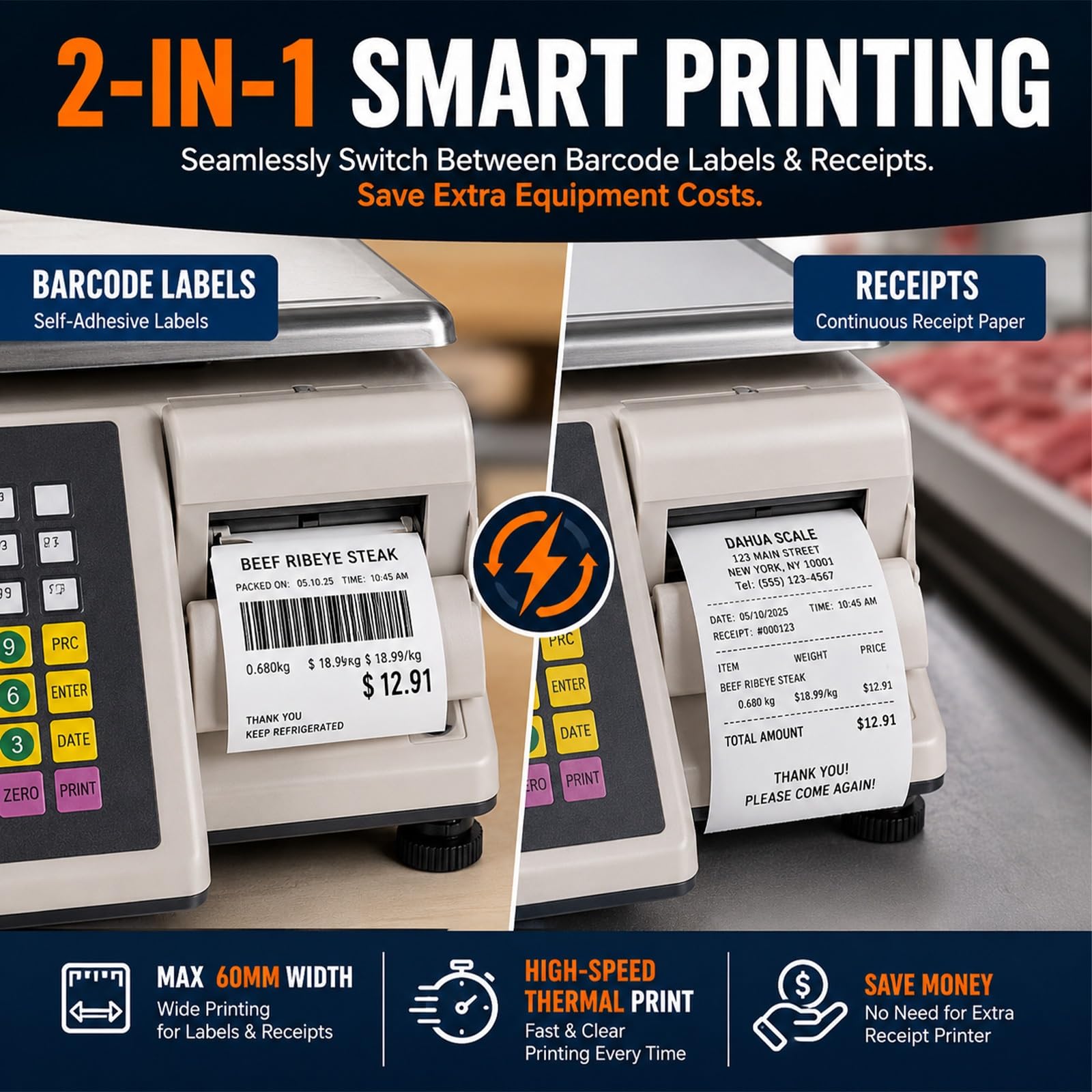 Báscula Electrónica Peso Precio para Tienda, 15kg/30kg Balanza Comercial Profesional con Impresora Ticket Térmico, Pantalla LCD Doble Vista, 71 Teclas Rápidas PLU(15kg/5g)