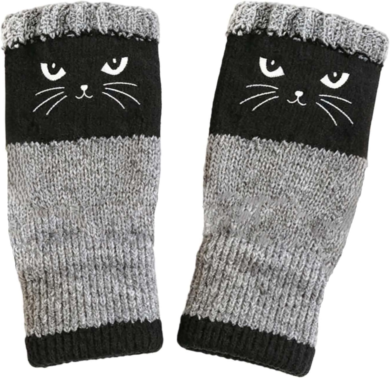 Cat Fingerless Knit Gloves Women Winter Half Finger Warm Knitted Mittens