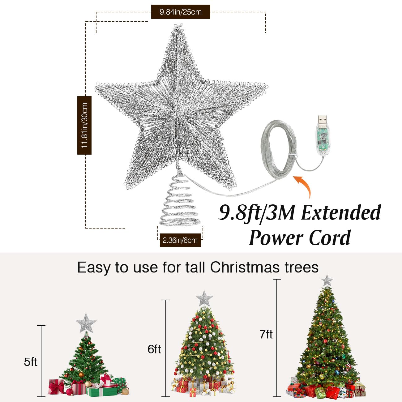 Punta Per Albero Di Natale A Stella Con 20 LED - 30 Cm, Alimentazione A Batterie, Decorazione Natalizia