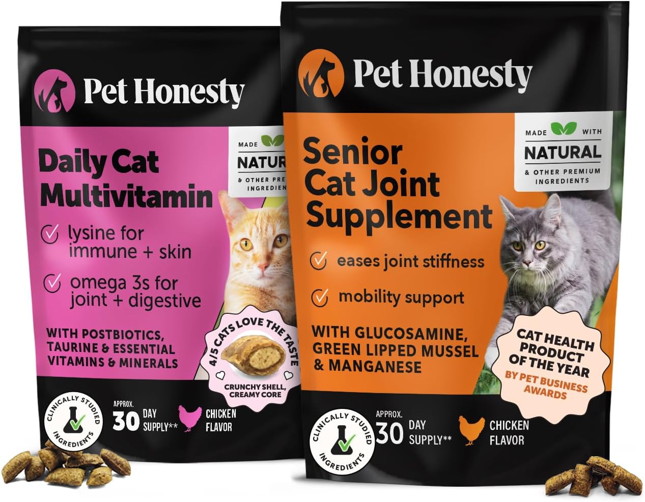 Cat Multivitamin + Cat Hip & Joint Daily Essentials Bundle - Crunchy & Creamy Chews for Immune Health, Joint Support, and Skin & Coat