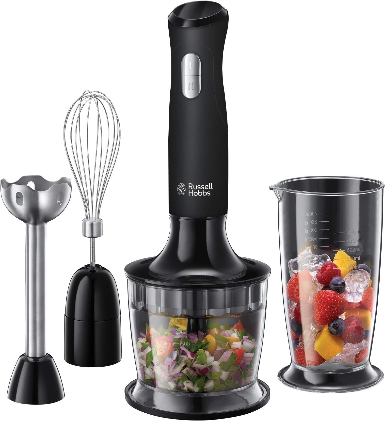 Russell Hobbs 24702 Desire 3 In 1 Hand Blender With Electric Whisk And Vegetable Chopper Attachments, Matte Black, 500 W"Min 1 year manufacturer warranty"