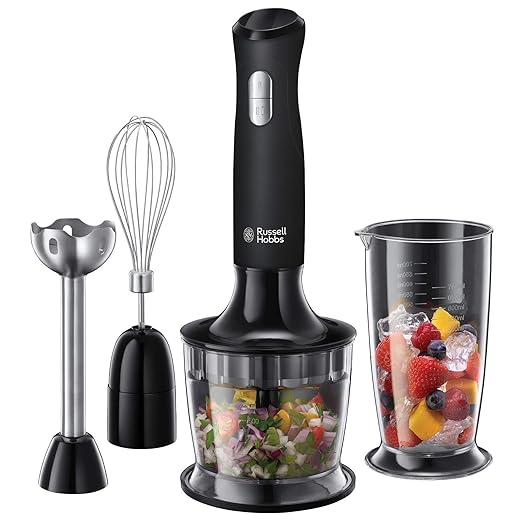 Russell Hobbs Desire 3 in 1 Electric Hand Blender, Fruit & Veg Mini Chopper & Whisk attachment, Stainless steel blending leg, whisk & blades, 500ml capacity chopping bowl & 700ml beaker, 500W, 24702