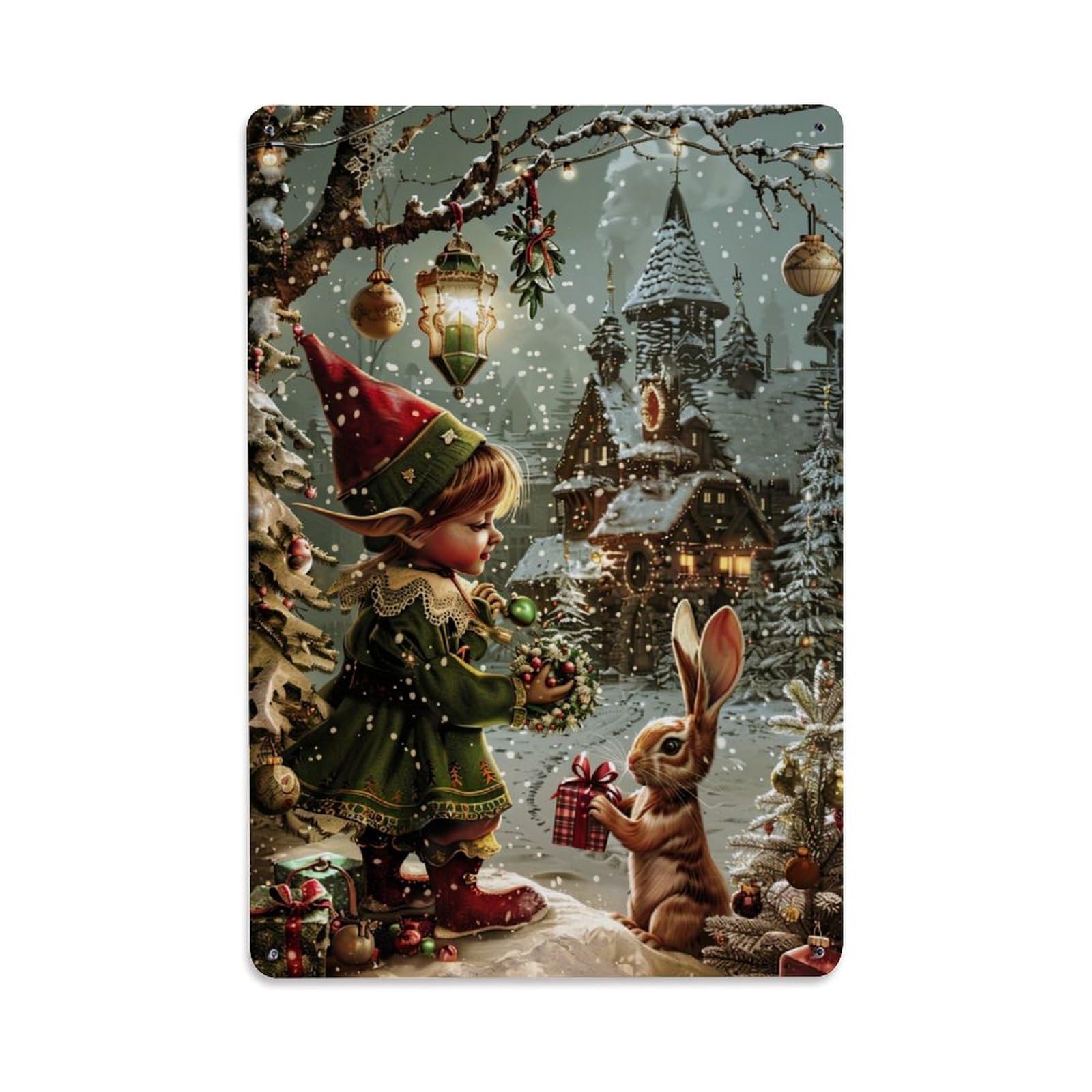 Jdfenggu Vintage Christmas Elf Rabbit Gift Snowflake Retro Metal Tin Sign, Decor Art Poster For Bar, Home, Man Cave, Kitchen, Laundry Room Gift 8X12inch