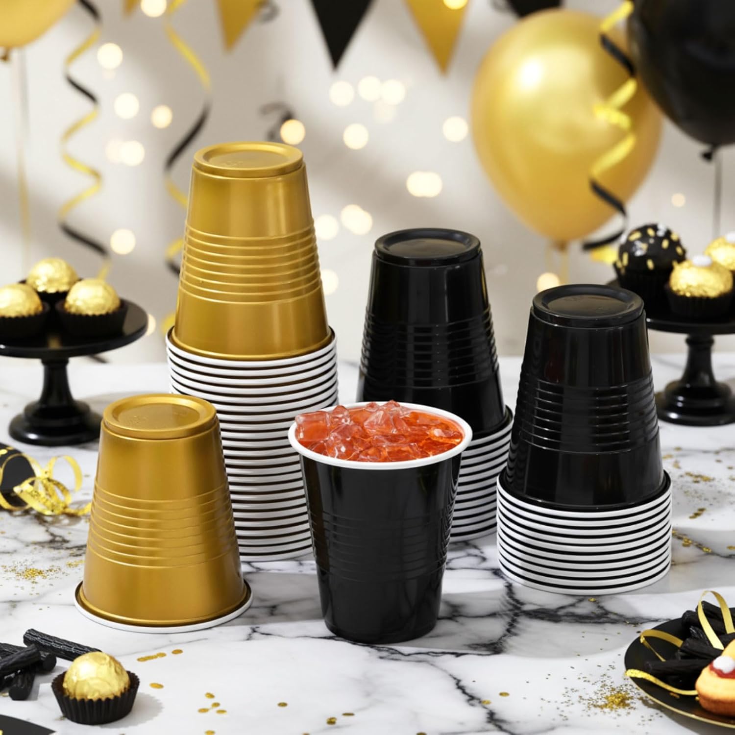 Pickmesh 50 Pack 12 oz Plastic Cups Valentine Disposable Cup Bulk for Valentine's Day Wedding Birthday Baby Shower New Year's Day Halloween and Festive Celebration Party Supplies(Black,Gold) - Image 5