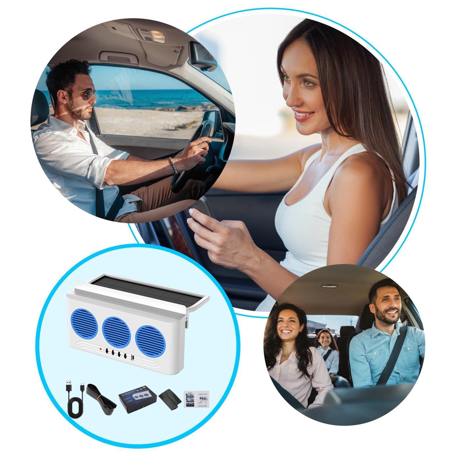 Car Solar Exhaust Fan - Window Ventilation Cooler for RV Highway Road Trips | Triple Outlet Design with Safety Energy Saving, Adjustable Speed for SUVs Trucks Daily Driving Comfort