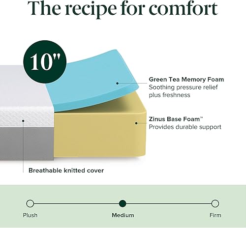 Miniatura 4 de Zinus Colchón de espuma viscoelástica esencial de té verde de 10 pulgadas [nueva versión], matrimonial, sin fibra de vidrio, sensación media, espuma