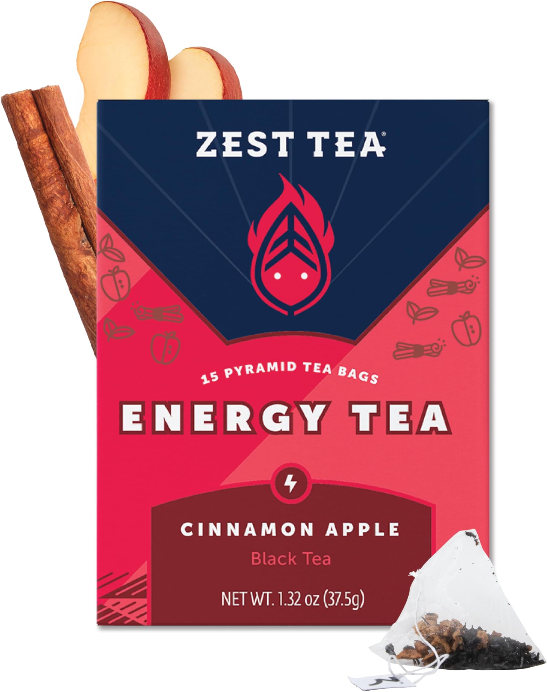 Zest Cinnamon Apple Spice Energy Tea – High Caffeine Black Tea Bags for Focus, Clarity & Morning Energy – Natural Non-GMO Caffeinated Breakfast Tea – Cozy Fall Focus Tea with 150mg Caf – 15Ct Box