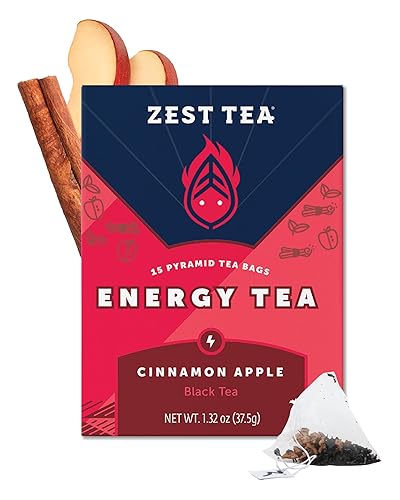 Zest Té energético con especias de manzana y canela, bolsas de té negro con alto contenido de cafeína para concentración, claridad y energía