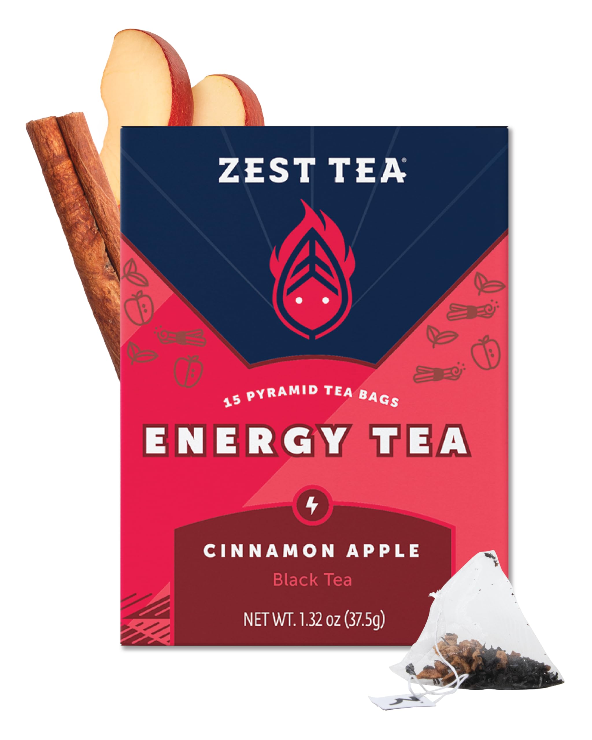 Zest Cinnamon Apple Spice Energy Tea – High Caffeine Black Tea Bags for Focus, Clarity & Morning Energy – Natural Non-GMO Caffeinated Breakfast Tea – Cozy Fall Focus Tea with 150mg Caf – 15Ct Box