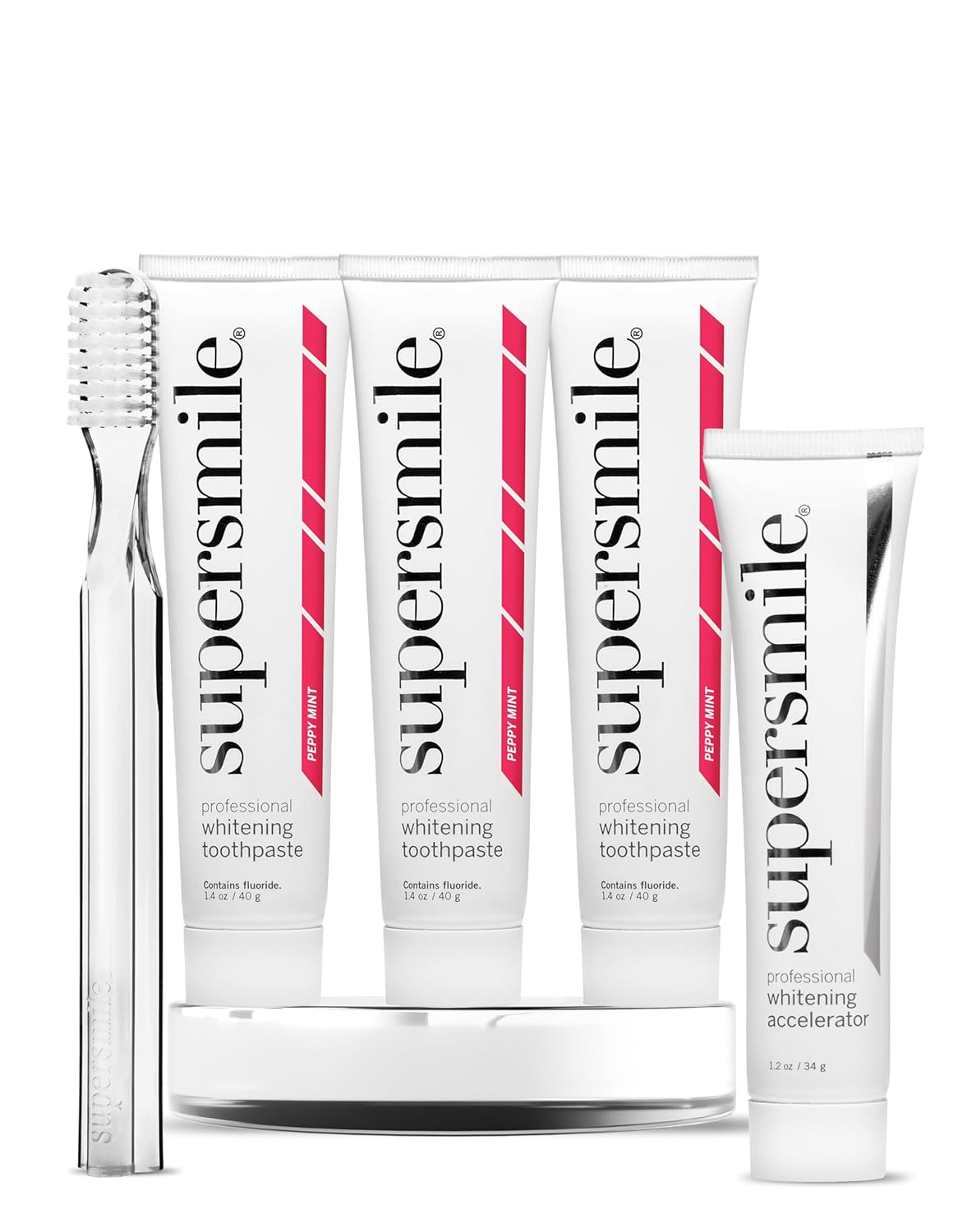 Supersmile Peppy Mint Teeth Whitening Toothpaste Set, Complete 5-Piece Travel Set with 3 Toothpastes, 1 Accelerator & 1 Toothbrush, Whitening Toothpaste Kit, Whitens up to 6 shades.