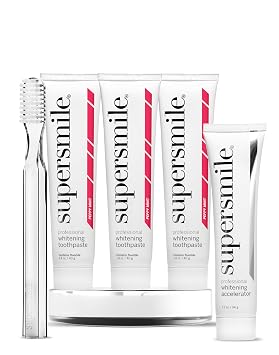 Supersmile Peppy Mint Whitening Travel Set, 5-Piece TSA-Approved Kit | 3 Toothpastes 1.4 Oz + Accelerator 1.2 Oz + New Gen Toothbrush, Whitens 6 Shades, Calprox Powered, Veneer Safe