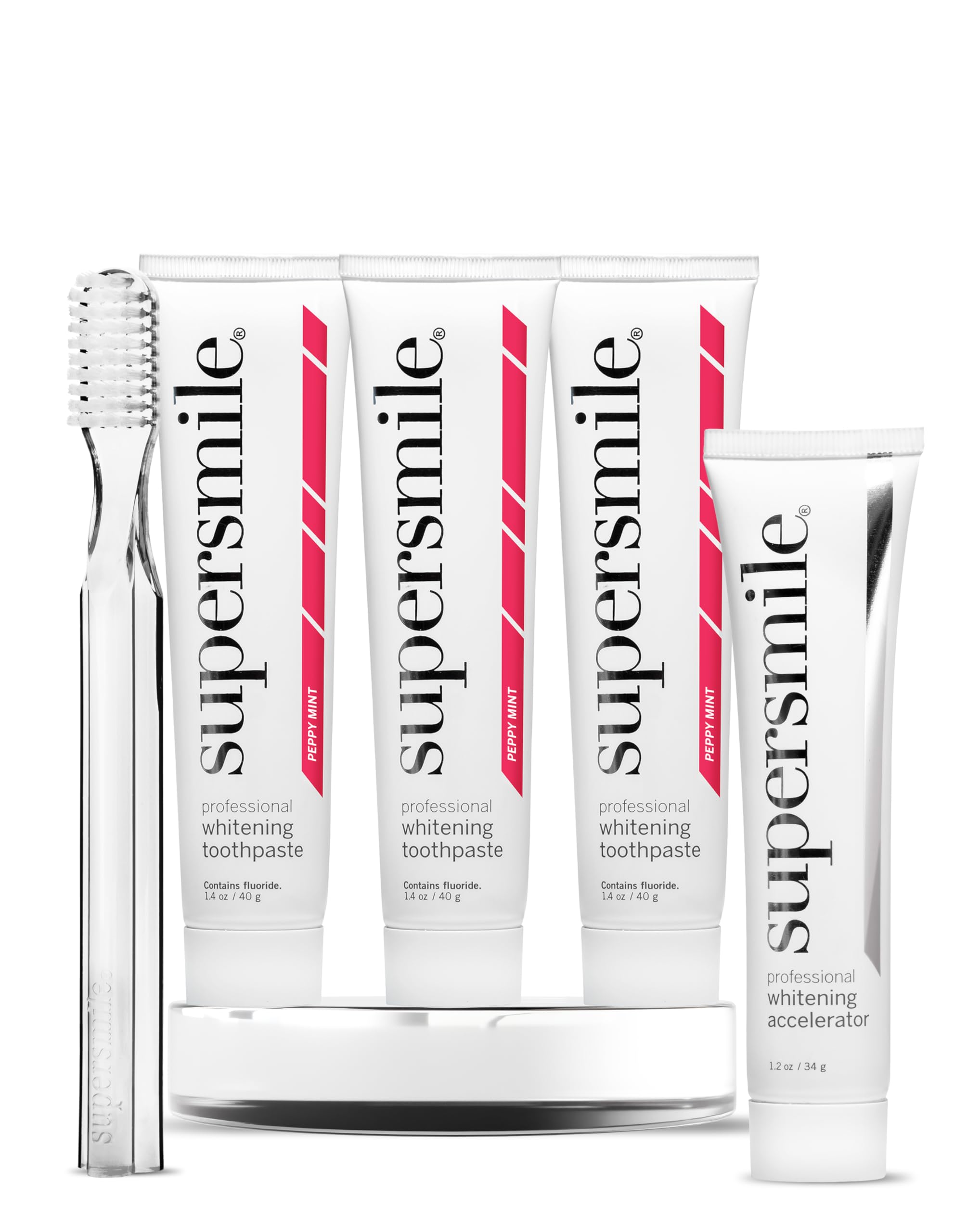 Supersmile Peppy Mint Teeth Whitening Toothpaste Set, Complete 5-Piece Travel Set with 3 Toothpastes, 1 Accelerator & 1 Toothbrush, Whitening Toothpaste Kit, Whitens up to 6 shades.