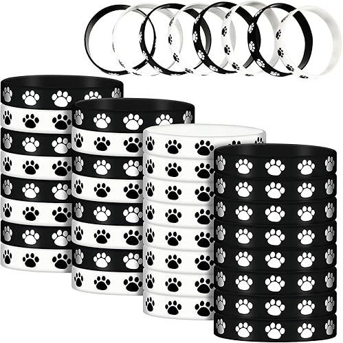 48 pulseras de goma con estampado de patas, pulseras elásticas de silicona multicolor para suministros de fiesta de cumpleaños, negro, blanco