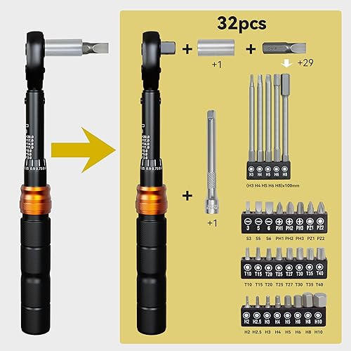 Miniatura 4 de Juego de llaves dinamométricas para bicicleta de 32 piezas, 14 pulgadas, 2-20 N.m, 72 dientes reversibles con liberación rápida