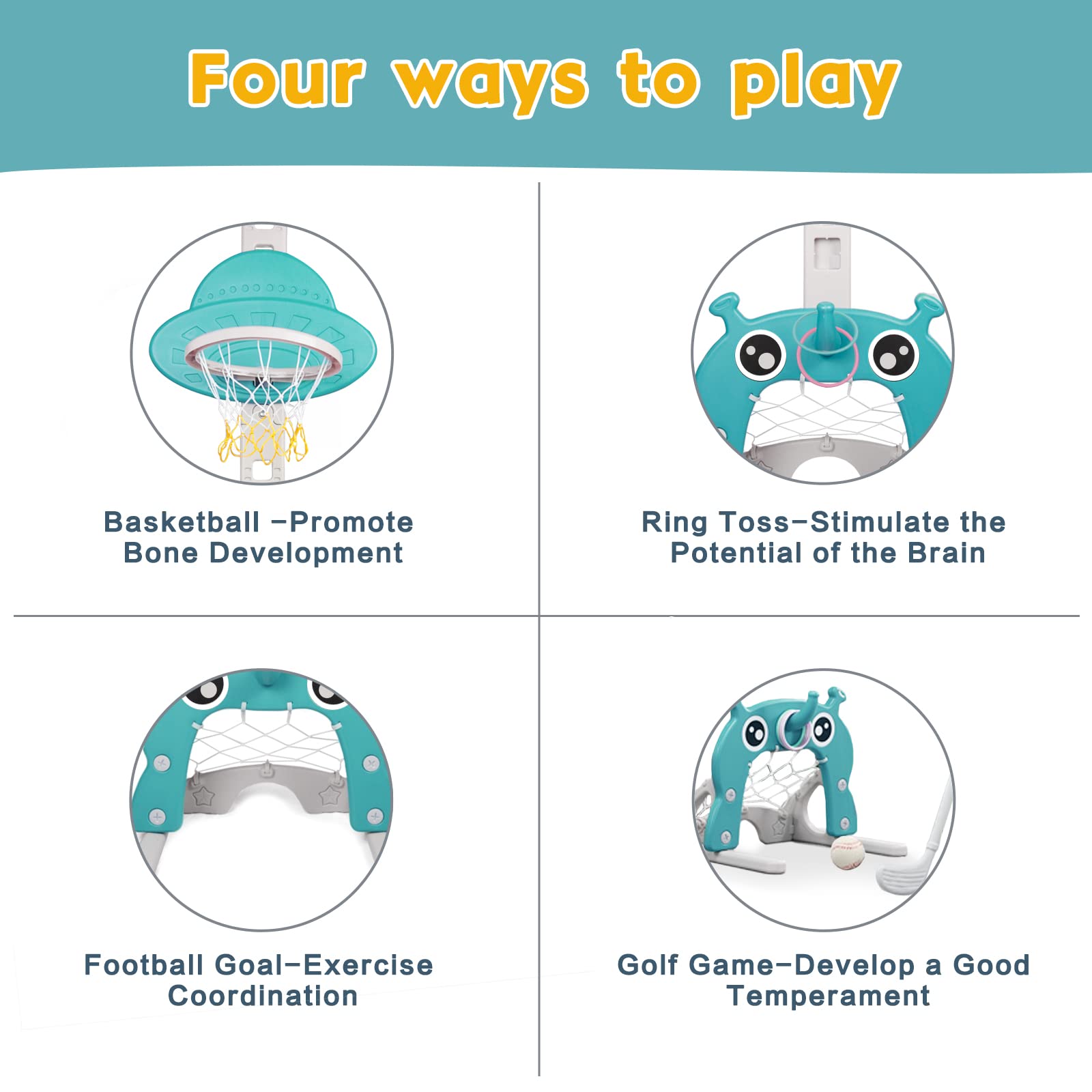 Canestro da basket per Bambini 5 in 1 | Centro Attività Sportive Regolabile Punteggio facile Canestro da calcio Porta da Gioco da golf Lancio dell'anello Miglior regalo per bambini Neonati (Verde)