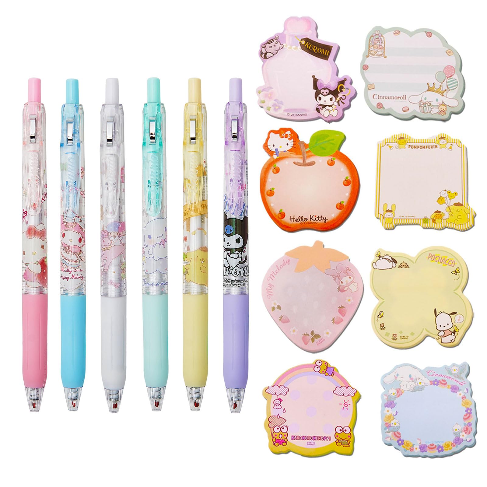 Cute Office Supplies - Including 6 Pcs Cartoon Gel Pens & 8 Pack Small Sticky Notes - Anime Cartoon Gifts Set for Girls