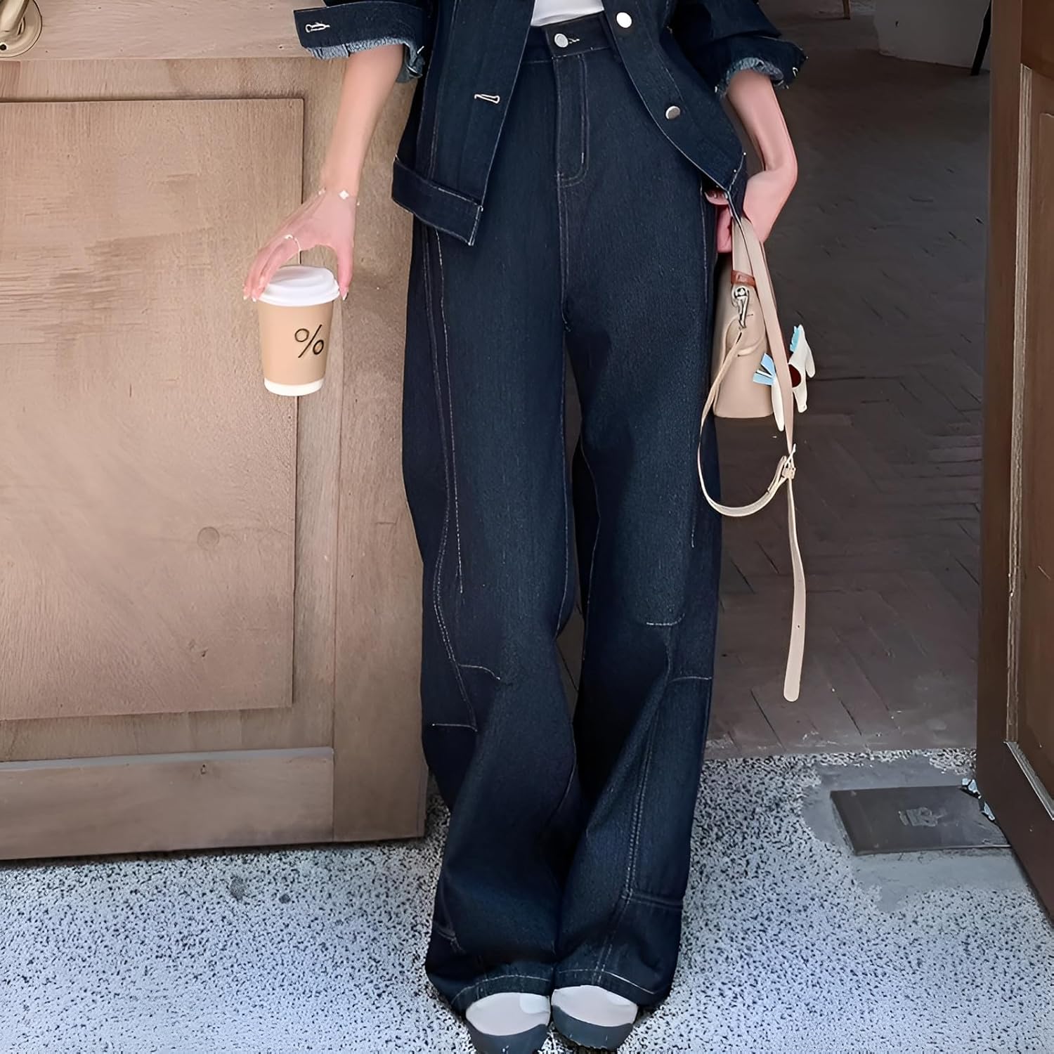 [mocoly] マルチサイズ デニムセットアップ 秋冬 韓国発おしゃれ ノーアイロン加工 50%綿混素材 保温デニムセットアップ