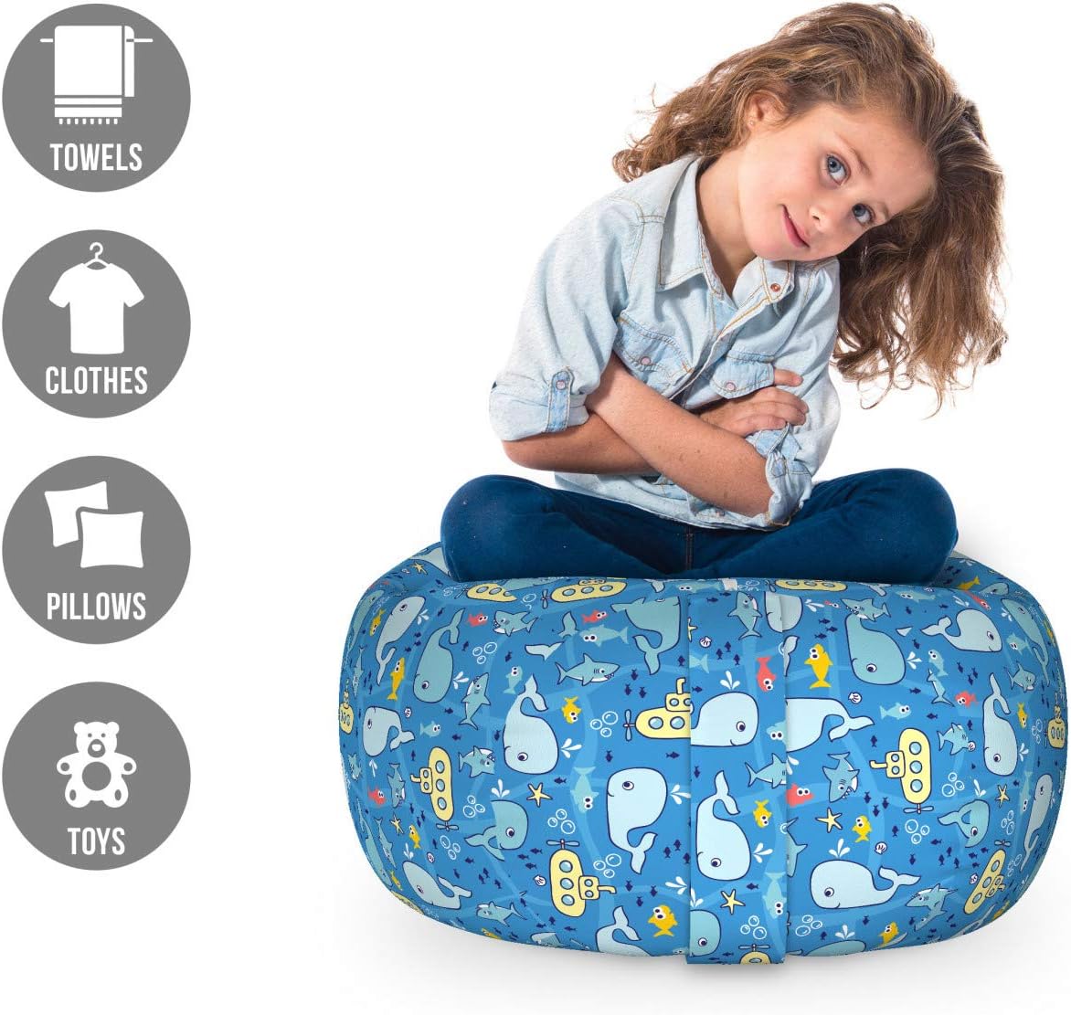 Ambesonne Yellow Submarine Storage Toy Bag Chair, Kids Sharks Whales and Fishes with Submarine Pattern Cartoon, Stuffed Animal Organizer Washable Bag, Small Size, Yellow Blue