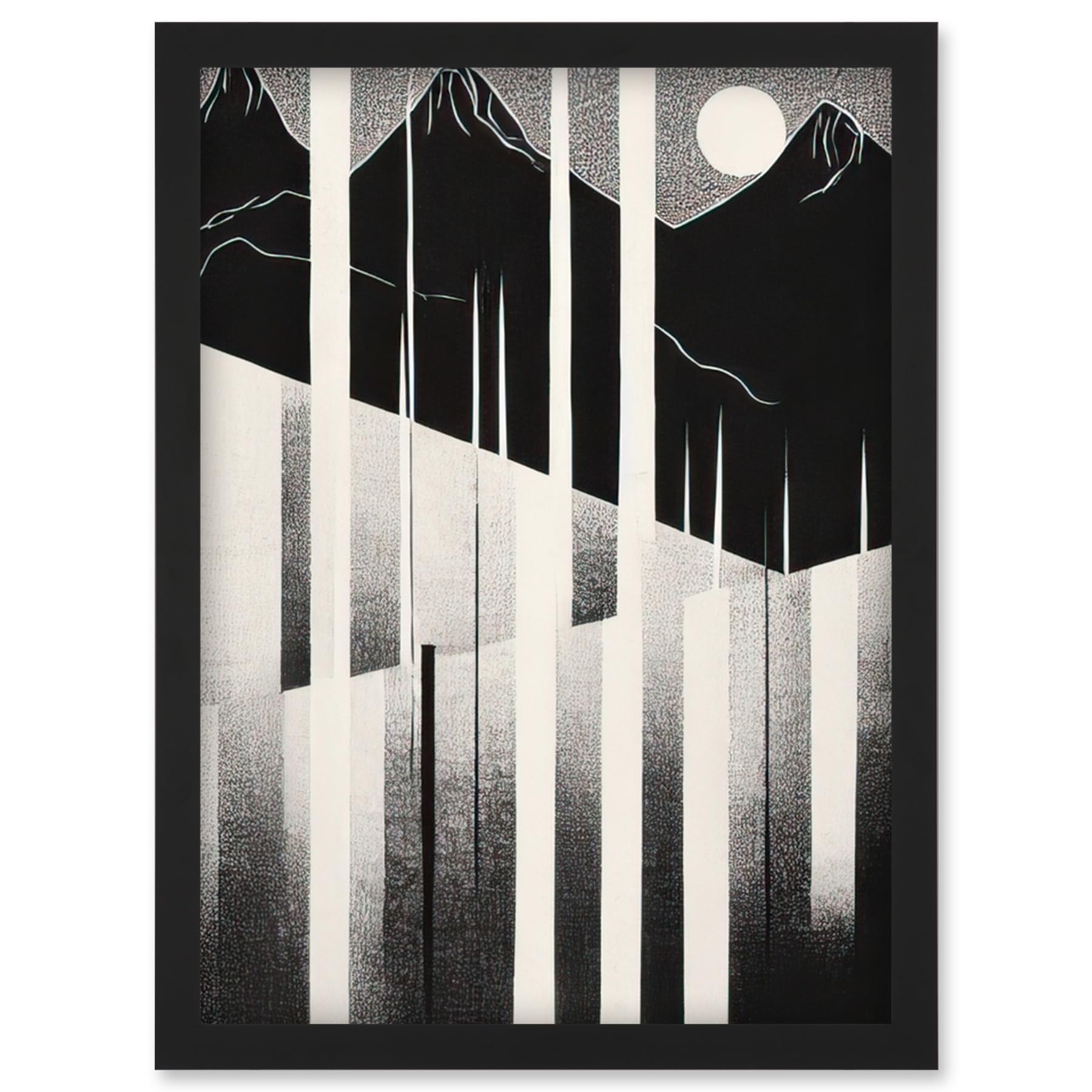 Abstract Mountain Landscape Lake Sunrise Linocut Framed Art Print - A4 Wall Art