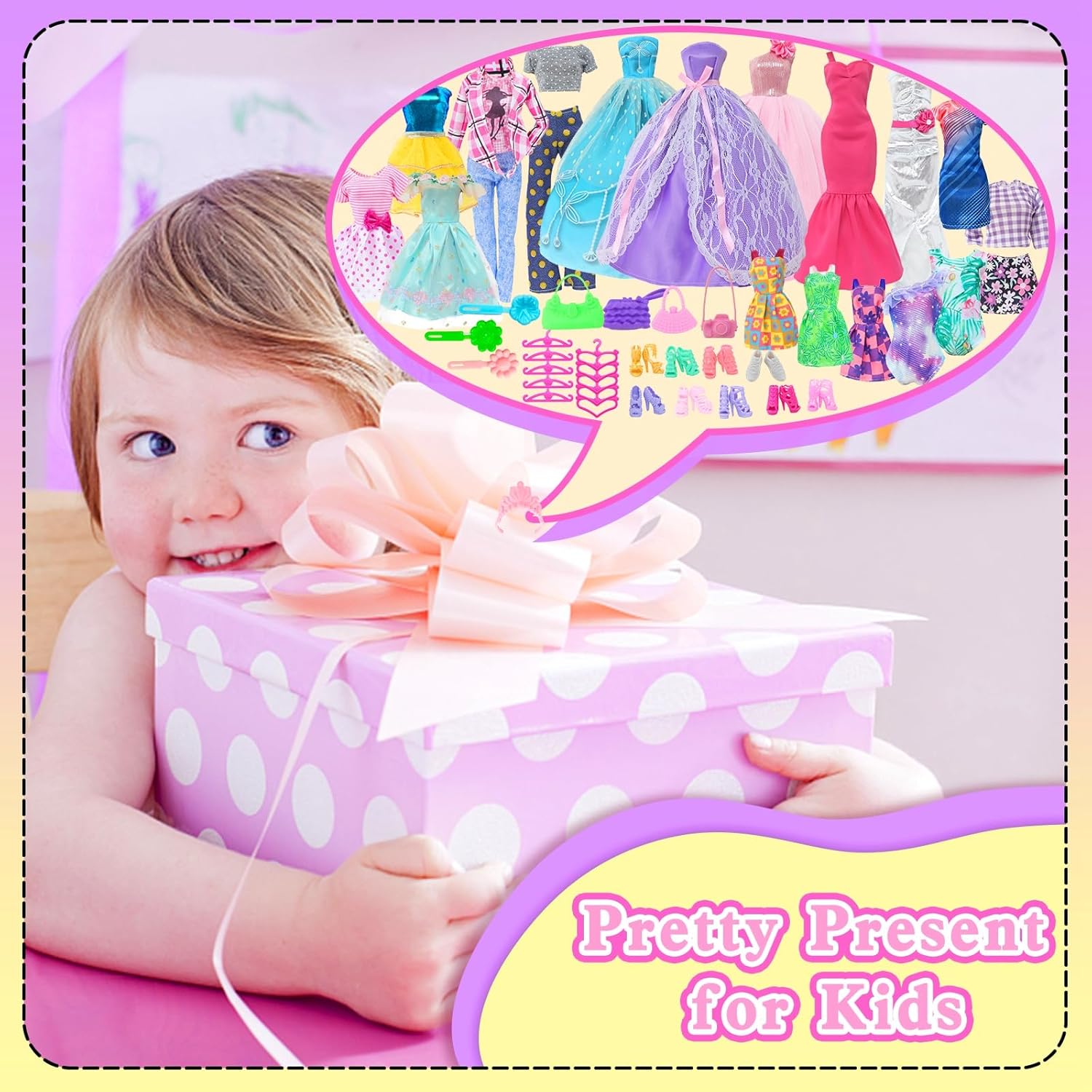 62Pcs Doll Clothes & Accessories - 3 Princess Wedding Gowns, 2 Evening and 5 Fashion Casual Dresses, 2 Tops Pants Outfits, 5 Slip Dresses, 2 Swimsuits, 10 Shoes & 10 Hangers for 11.5 Inch Girl Doll