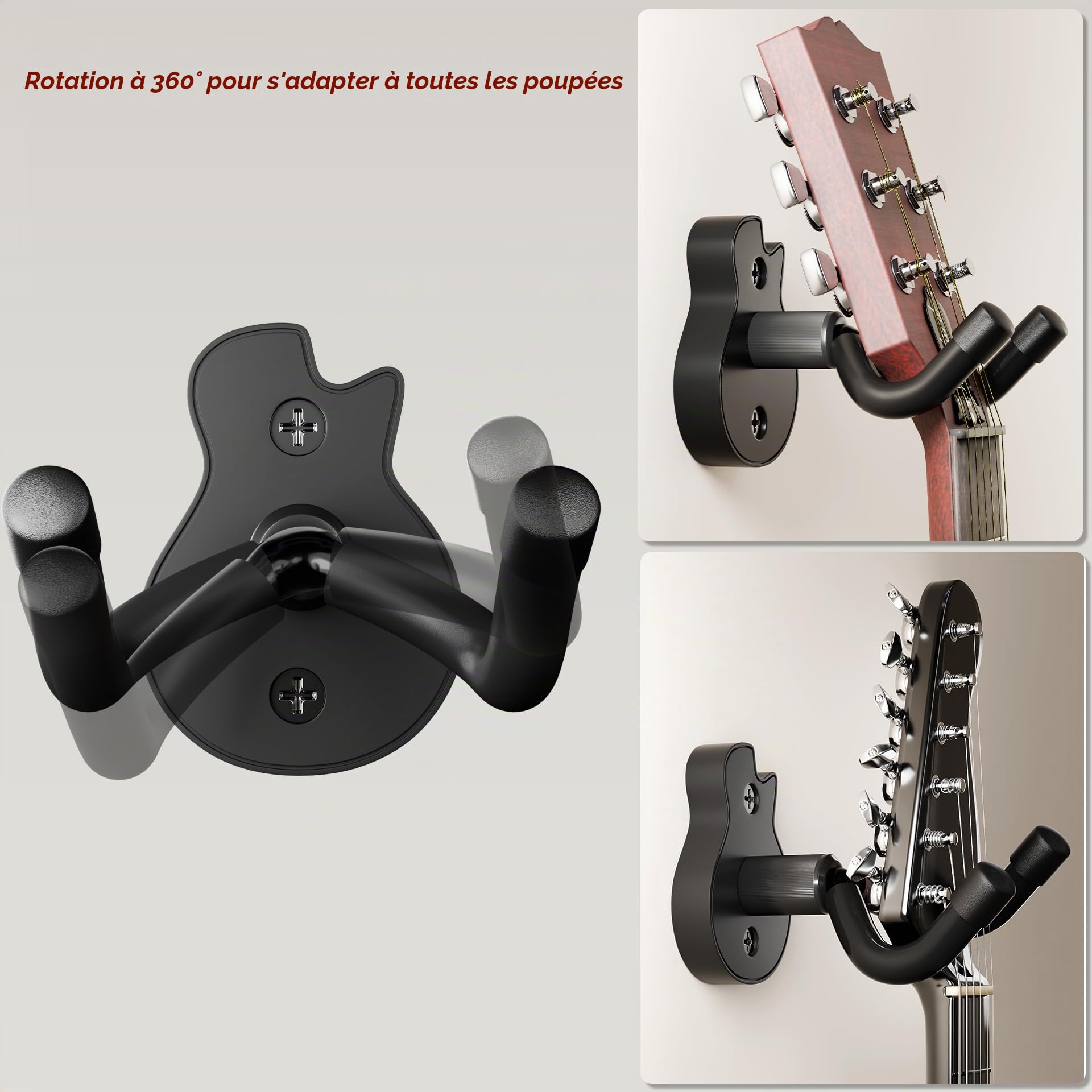 DIDA Support mural pour guitare – Support mural en forme de U pour guitare avec 5 médiators, support mural pour guitare acoustique, guitare électrique, banjo, basse, mandoline (style B-noir)
