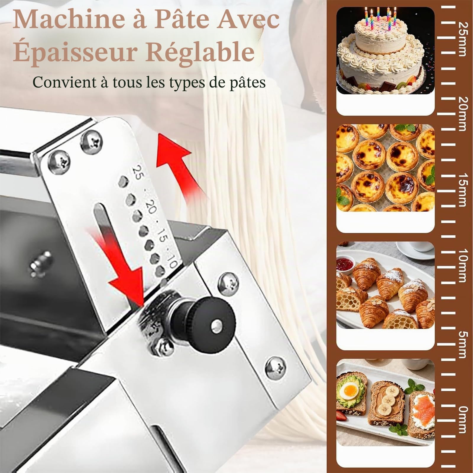Laminoir à pâte Manuel Pliable, Rouleau à pâtisserie en Acier Inoxydable avec épaisseur réglable de 0 à 25 mm, Usage Commercial et Domestique, pour Pizzas, Croissants et pâtisseries TypeB