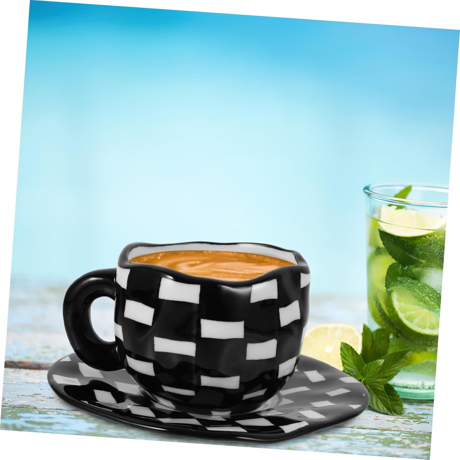 Unomor Office Water Mug Home Ceramic Mug Black White Checkerboard Cups Latte Cup Coffee and Plate