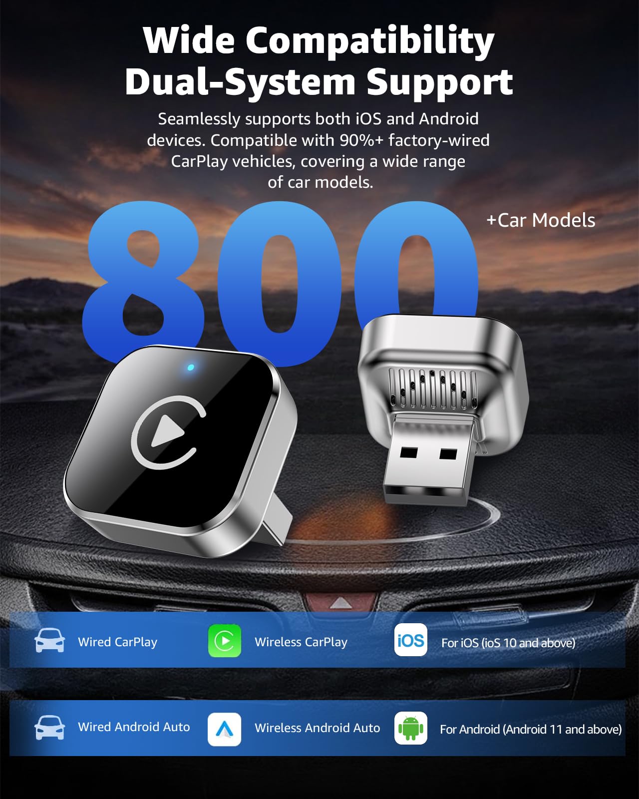 Wireless CarPlay Adapter, CarPlay Wireless Adapter Plug & Play USB/USB-C, 2-in-1 Converts Wired to Wireless CarPlay, Android Auto Wireless Adapter, Compatible with iPhone iOS 10+ & Android Auto — view 8