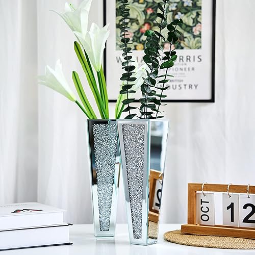 Miniatura 4 de Jarrón colgante de pared de cristal, recipiente de espejo de diamante triturado plateado, decoración del hogar para sala de estar, comedor,