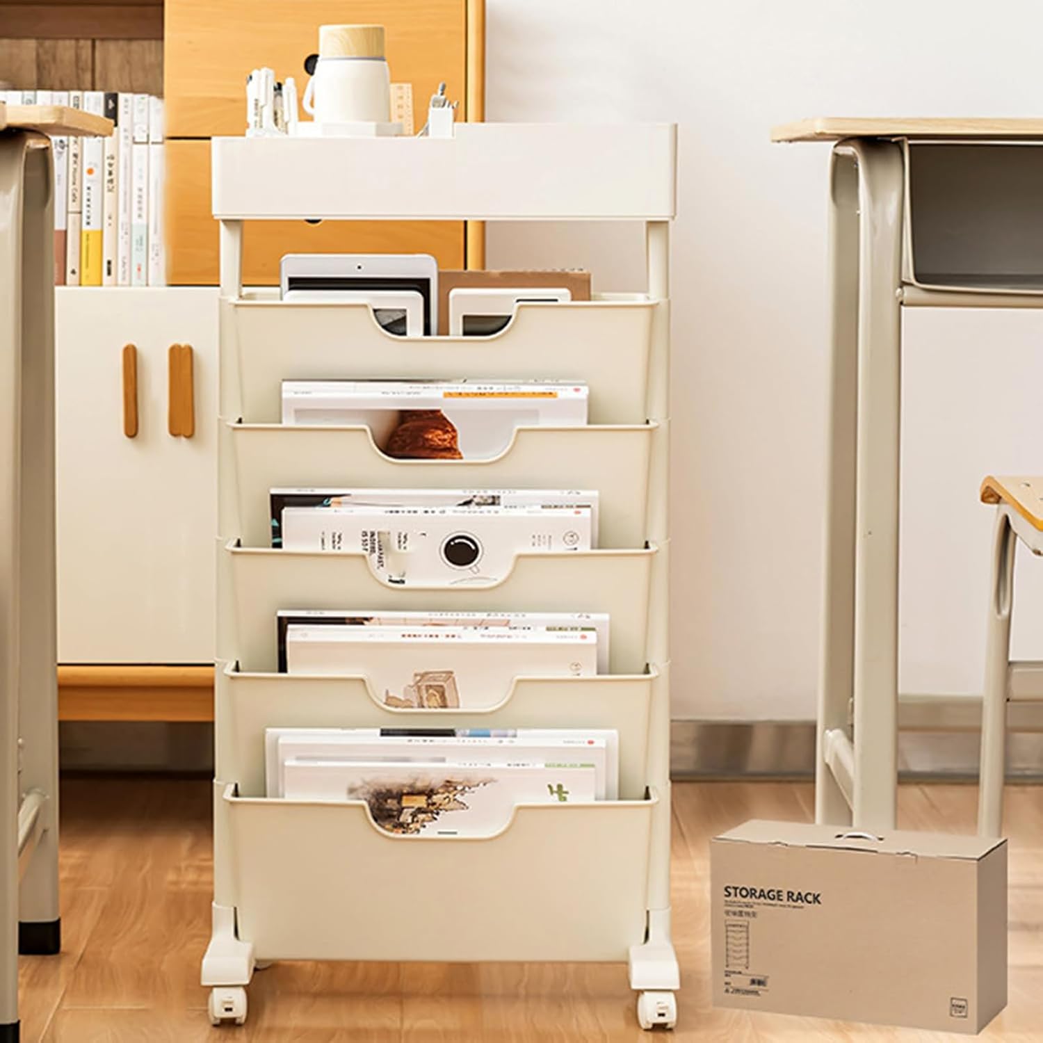 Storage Cart 6-Tier Rolling Book Cart with Wheels, Tall Narrow Rolling File Cart- Movable for Office, Home, School,White,Without Drawer