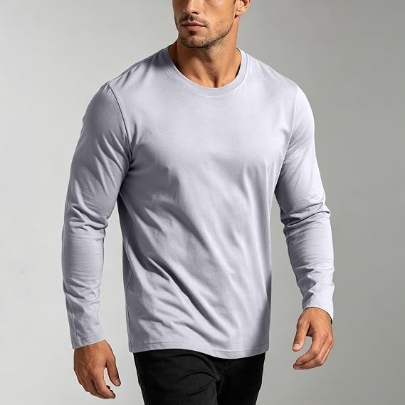 Mens Long Sleeve Tee Shirts Casual Round Neck Solid Tops Athletic Clothes