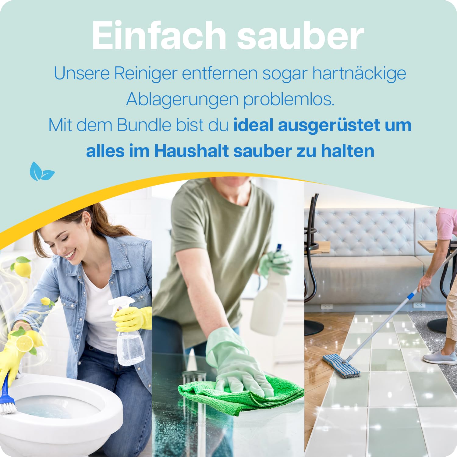 Haushaltsreiniger Bundle - 3x64 Anwendung inkl. Glasreiniger, Bodenreiniger und WC Reiniger - frischer Zitronenduft, ohne Mikroplastik