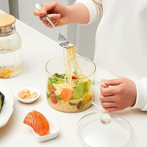 Miniatura 4 de Tazón de sopa de vidrio de 44 onzas líquidas con tapa y asa, palillos, cucharas y tenedores, juego de cubiertos, ollas de vidrio para cocinar en la