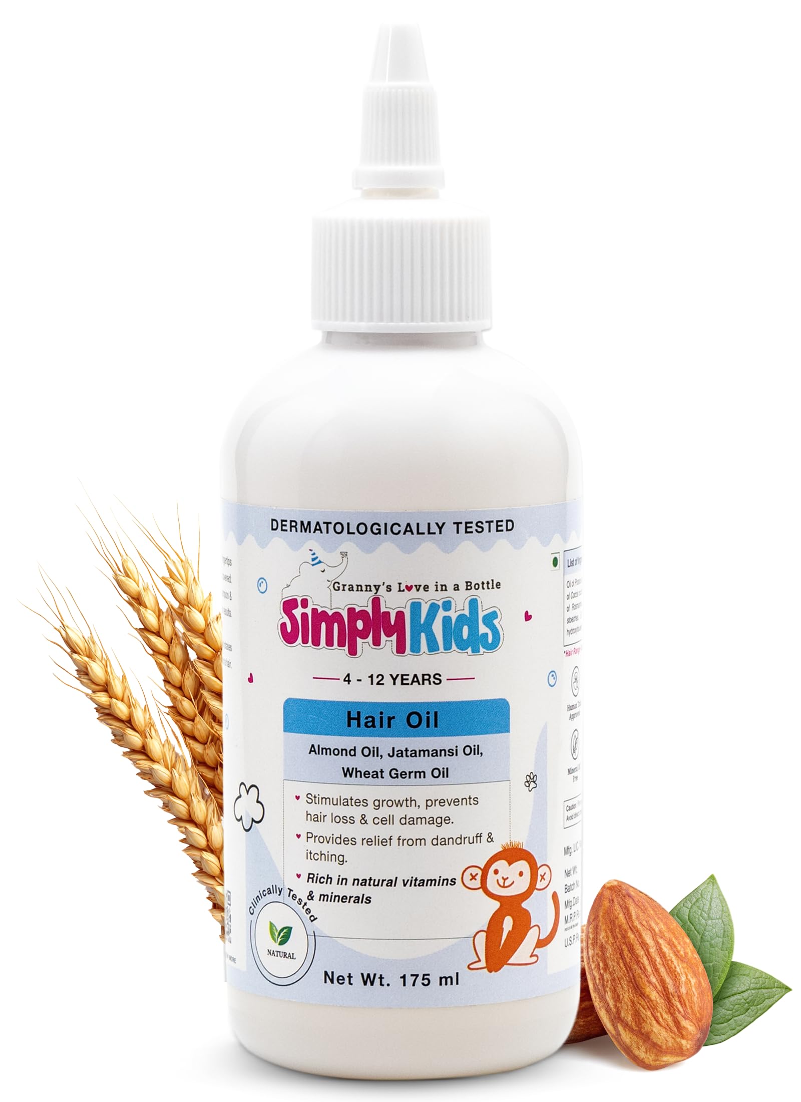 Simply Kids Hair Oil for 4 to 12 years | 10 Coldpressed Oils Including Almond, Wheat germ & Jatamansi | Promotes Hair Growth, Reduces Hair Fall & Anti- Dandruff Hair Oil for Kids | SLS & Paraben Free | Dermatologically Tested Safe for Sensitive Skin | 175ml