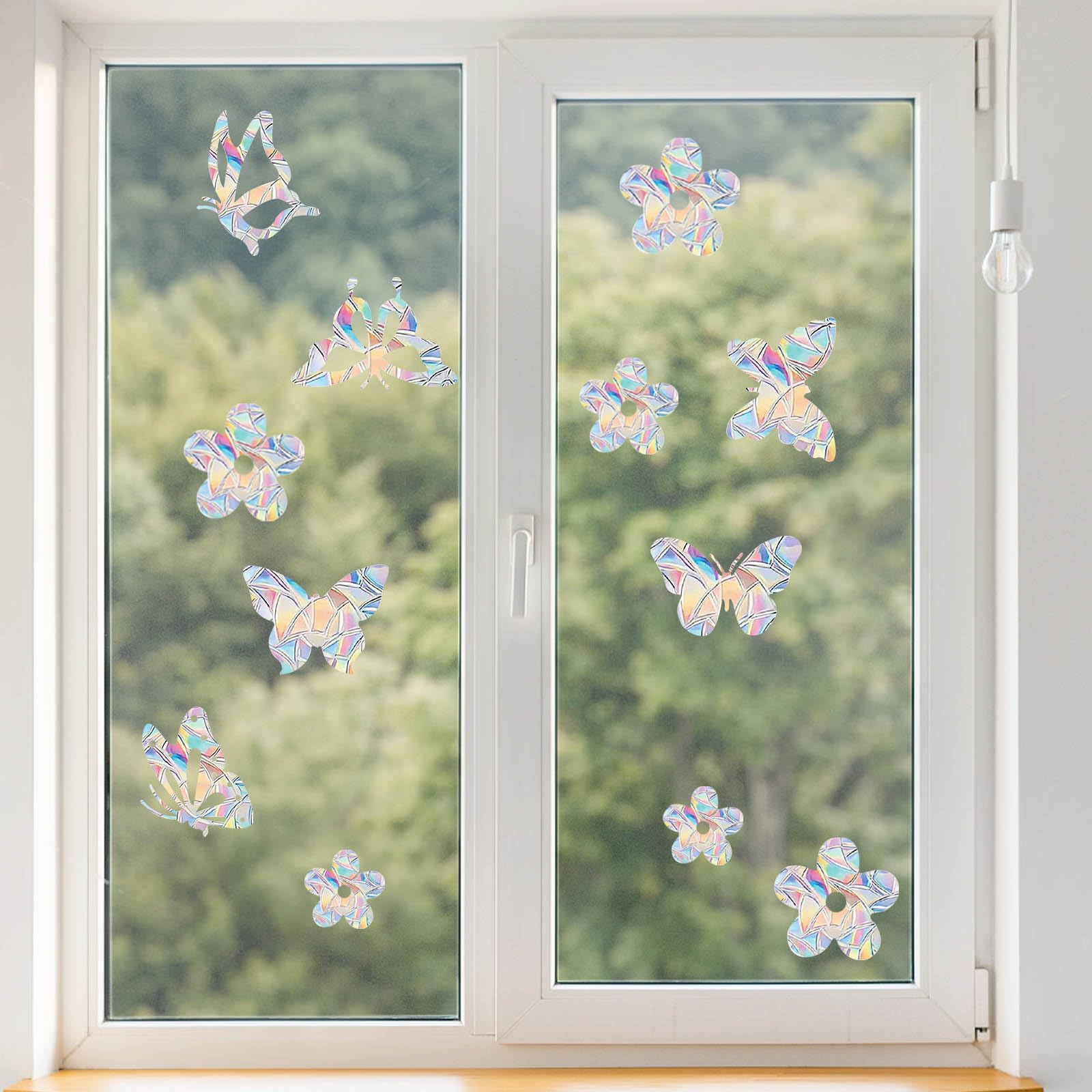 Set of 56 Non Adhesive Prismatic Vinyl Window Clings, Window Decals for Glass Windows and Glass Doors, Hummingbird and Flowers Window Stickers & Films