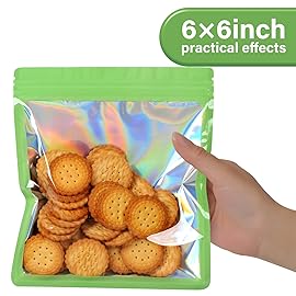 EONJOE 100-pack 66 inch mylar bags with clear window holographic resealable sealable packaging zip bag for small bussiness jewelry candy sample food packing supplies green