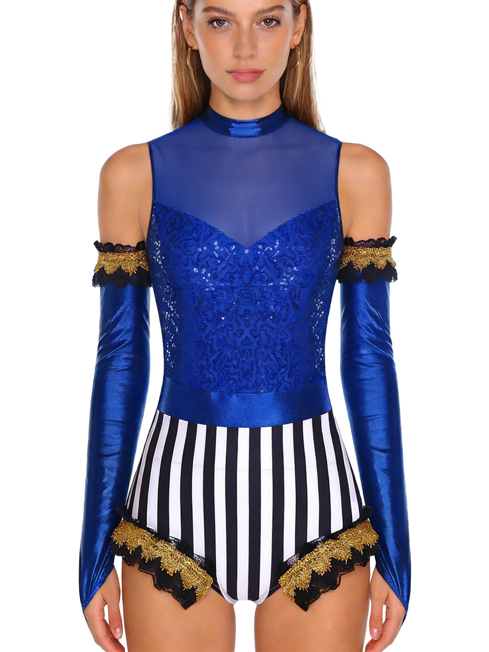 Xnihocha Womens Shiny Sequin Circus Costume Striped Ringmaster Leotard with Gloves Fancy Dress Party Dancewear Royal Blue L