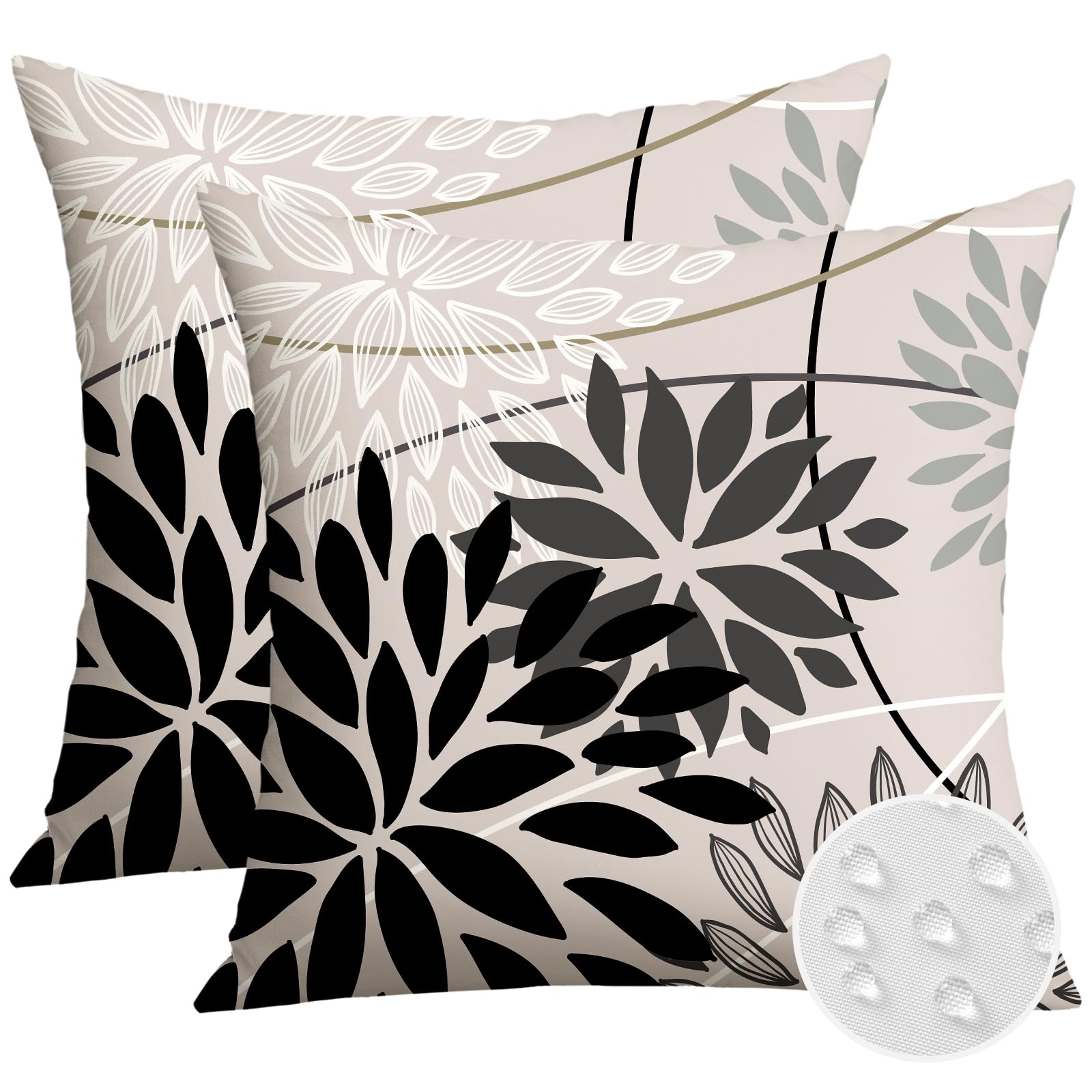 Artscope Outdoor Waterproof Black Dark Grey Cushion Covers Geometric 50x50cm Set of 2 White Dahlia Floral Pillowcases Outdoor Flowers Pillow Covers for Patio Garden Bench Sofa Farmhouse Decor