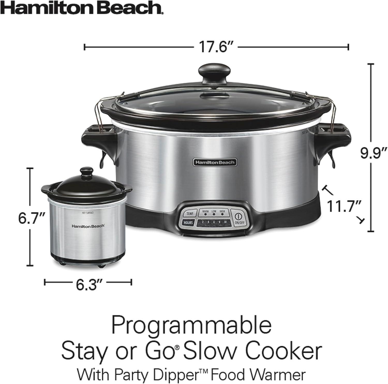 Hamilton Beach Programmable Stay or Go® Slow Cooker, 7 Quart Capacity, Includes 20 oz. Party Dipper Food Warmer, Silver, R33477 (Renewed)
