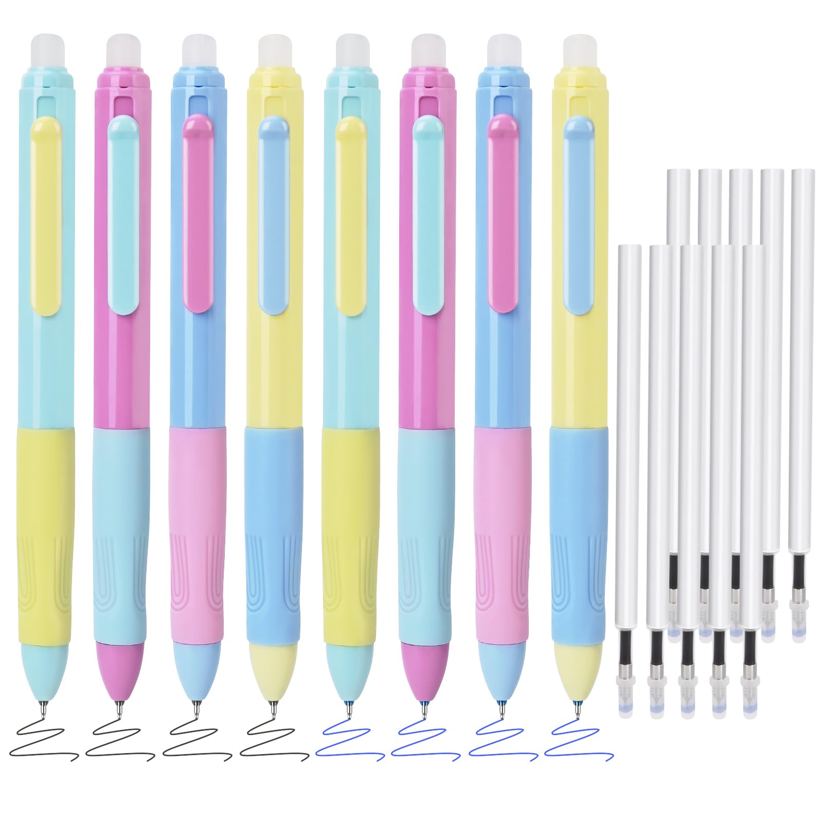 BAYTORY 18Pcs Retractable Erasable Gel Pens, 0.5 mm Fine Point, 4Pcs Blue & 4Pcs Black Ink Pens & 10Pcs Black Refills