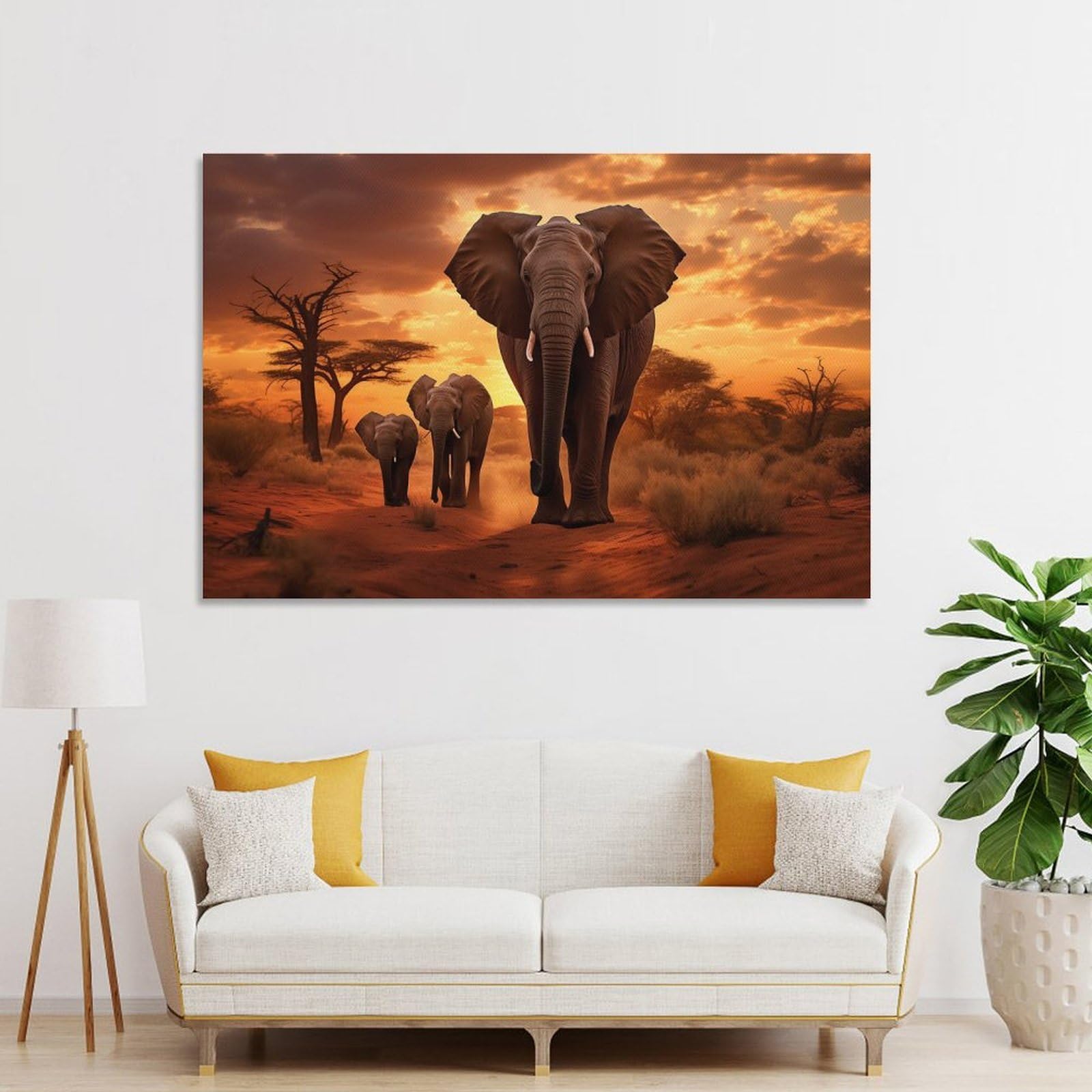 Junmoney Elephant Family at Sunset Canvas Art Print, 24x36inch(60x90cm), for Picture Wall Styling in Lounge Or Bedroom, Wall Decor Suited to Curated Displays