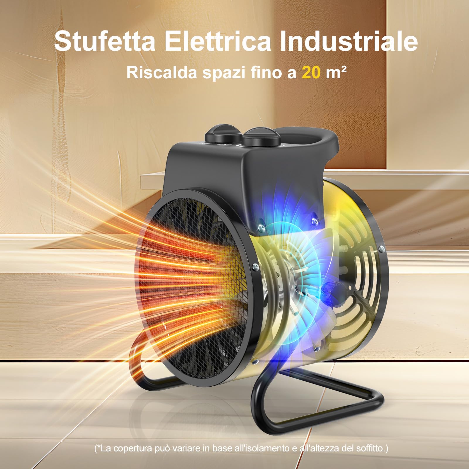 Stufa Elettrica 2000W - Termoventilatore - Radiatore Elettrico Basso Consumo - Termostato e Protezione da Surriscaldamento - per Casa, Bagno o Officina
